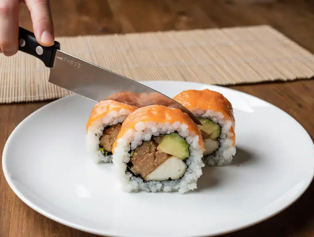 slicing-vegan-sushi-roll Slicing vegan sushi roll on a white plate