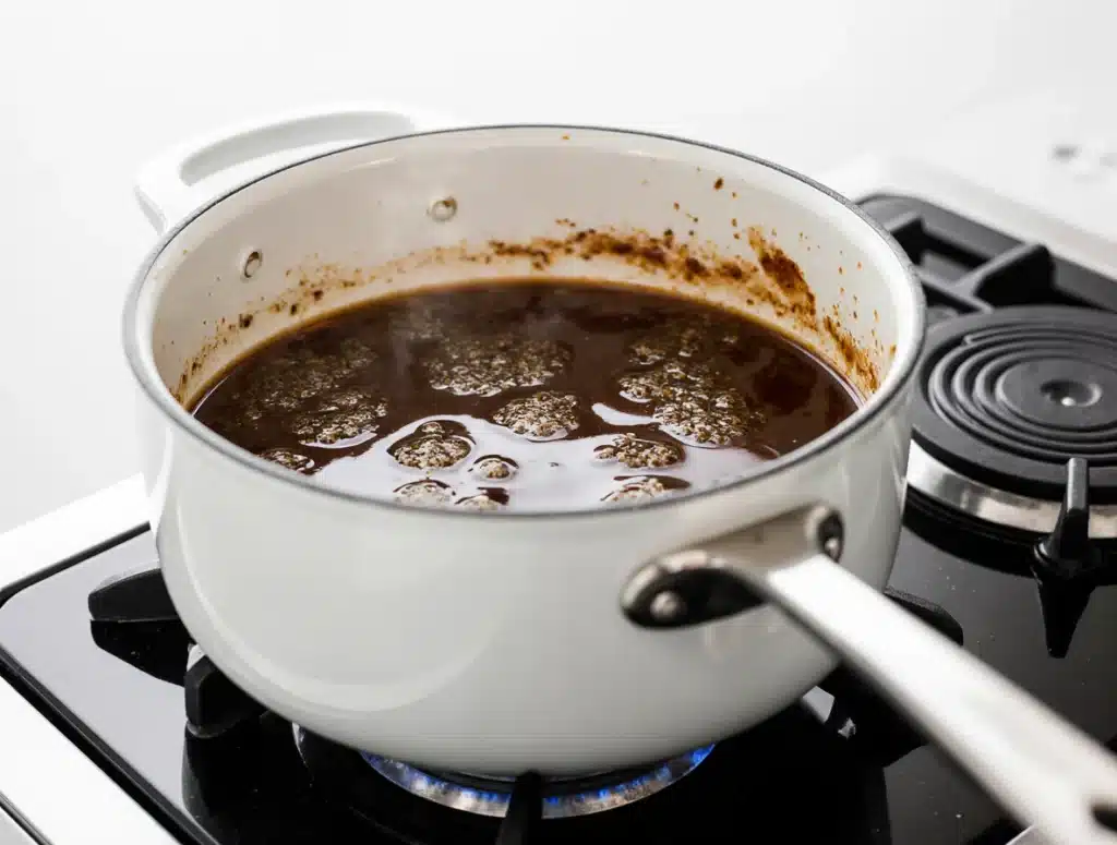 teriyaki-glaze-vegan-sauce Homemade vegan teriyaki glaze bubbling in saucepan