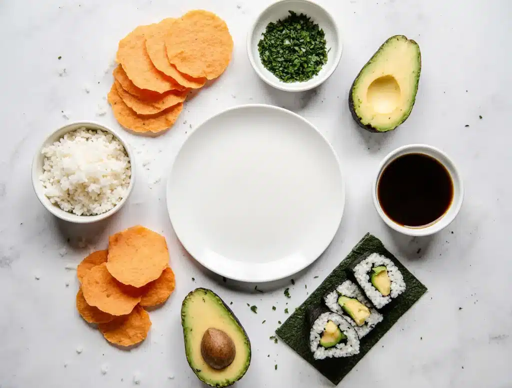 vegan-sushi-ingredients-white-plate Ingredients for sweet potato tempura sushi roll