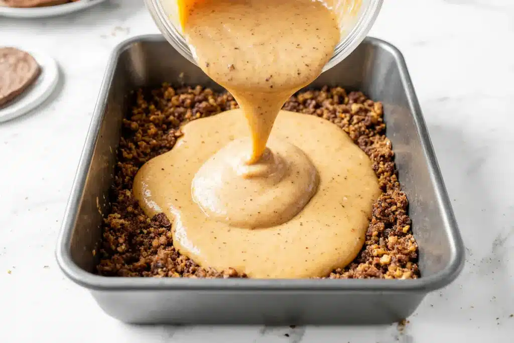 layering pumpkin coffee cake batter and streusel