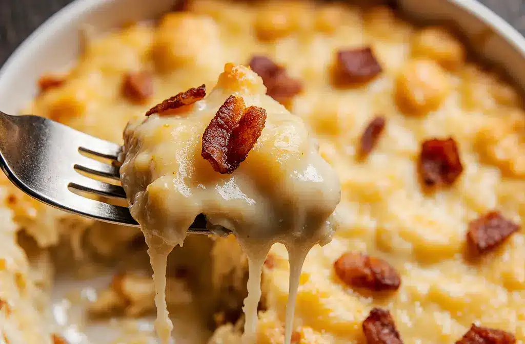 Forkful of creamy Neiman Marcus Chicken Casserole