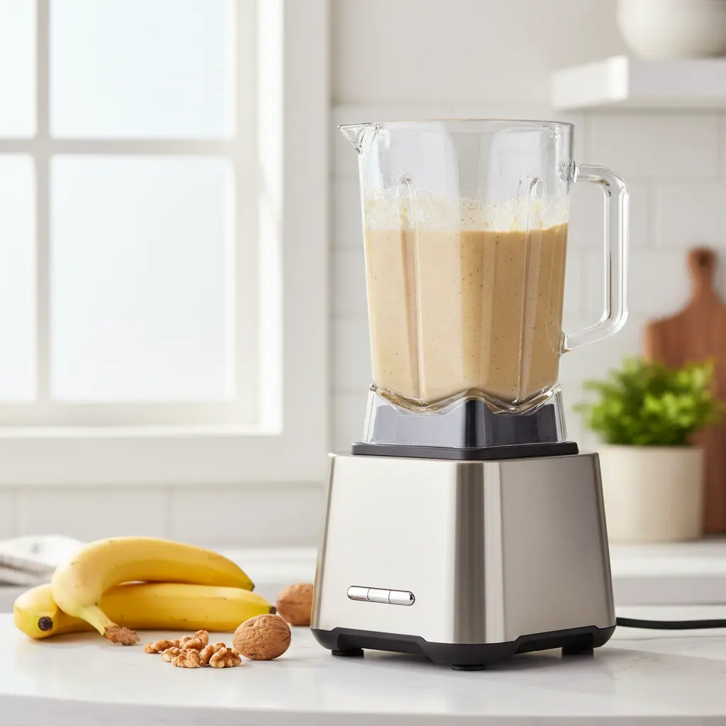 Smooth blender banana bread batter in modern blender ready for baking