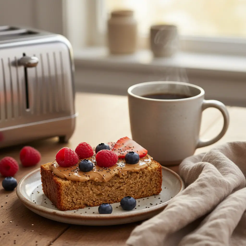 Toasted blender banana bread slice topped with almond butter and berries for breakfast