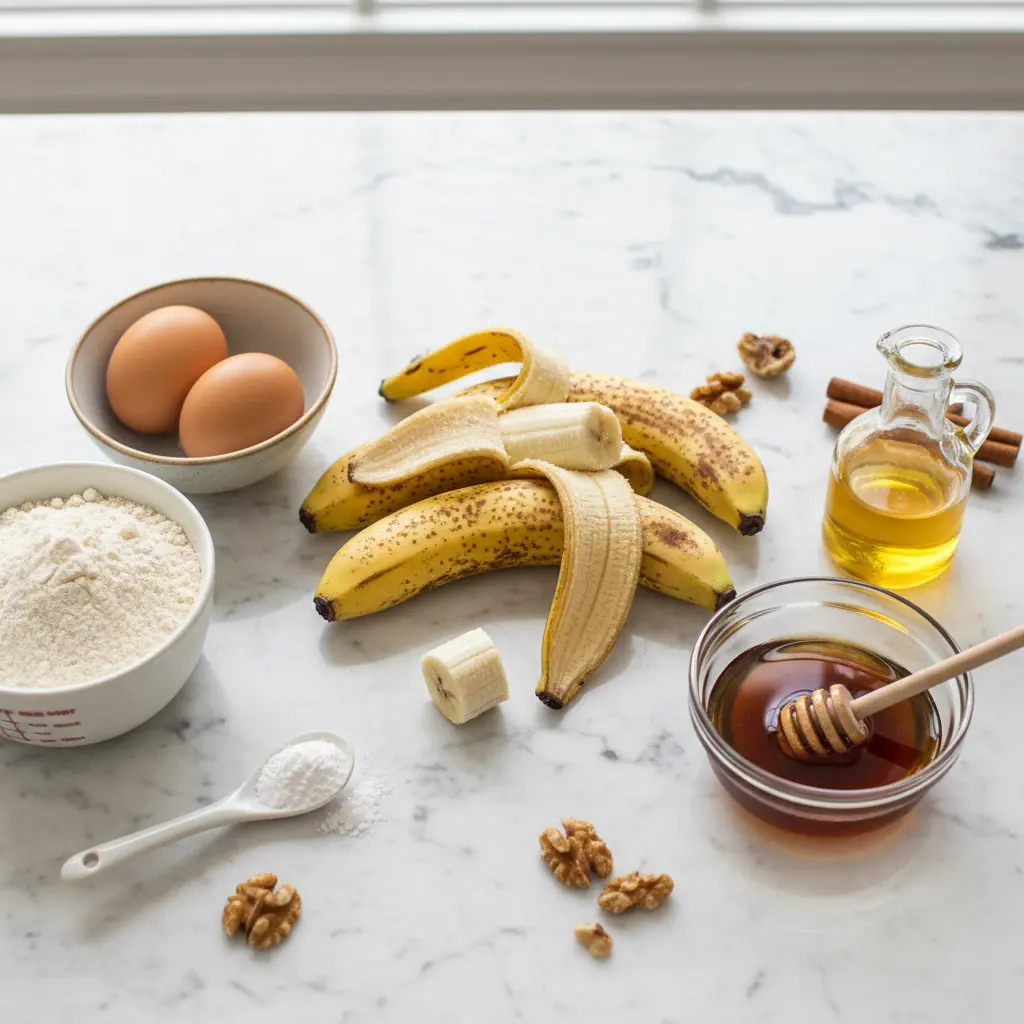 Blender banana bread ingredients arranged on marble counter including ripe bananas and flour