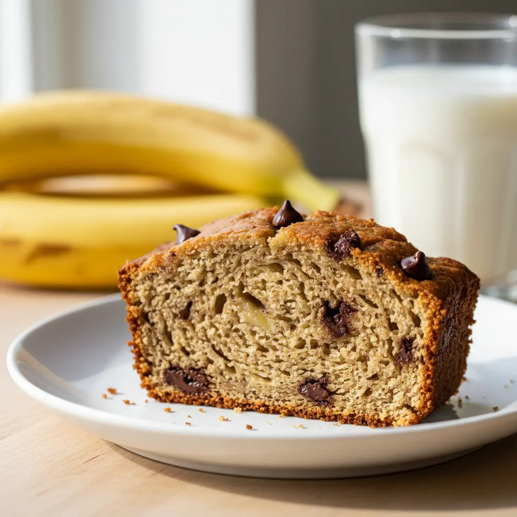 Blender banana bread slice with chocolate chips showing moist texture on white plate