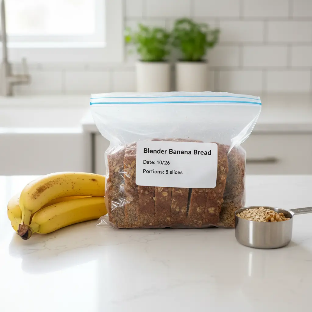 Sliced blender banana bread stored in labeled freezer bag for meal prep