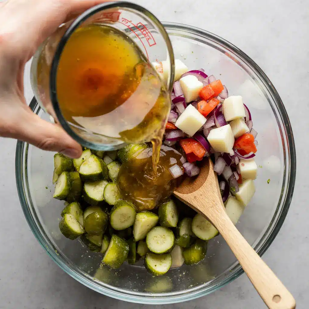 Bringing It All Together with Pickle Brine Mixing diced vegetables and pickle brine in a bowl to make Pickle de Gallo salsa.