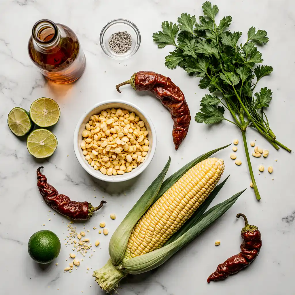 Chipotle Corn Salsa Recipe Ingredients Chipotle corn salsa recipe ingredients laid out on marble surface