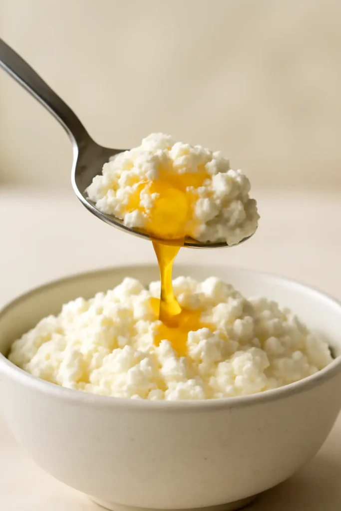 Close-up of a spoonful of creamy homemade ricotta cheese topped with golden honey dripping down, showing the smooth texture of the cheese in a modern, bright setting.