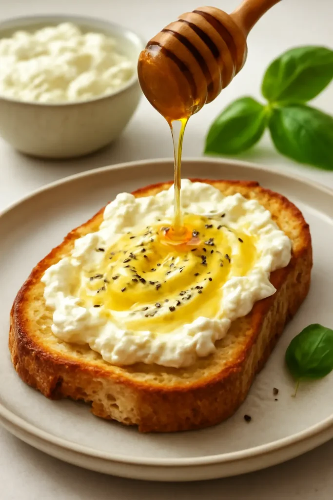 Close-up of creamy ricotta cheese spread on toasted artisanal bread with golden crust, drizzled with honey and sprinkled with cracked black pepper, surrounded by fresh basil leaves and a wooden honey dipper in a modern kitchen setting.