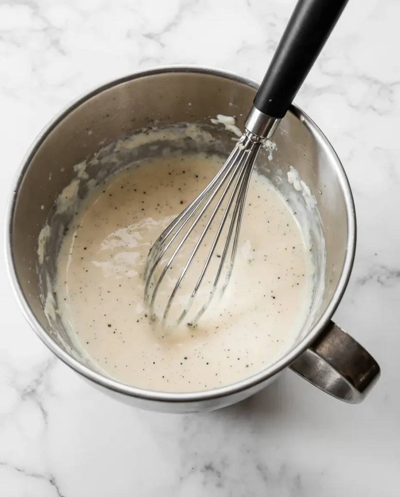 Creamy Sauce Mixture for Ritz Cracker Chicken Casserole Mixing creamy sauce for Ritz Cracker Chicken Casserole.