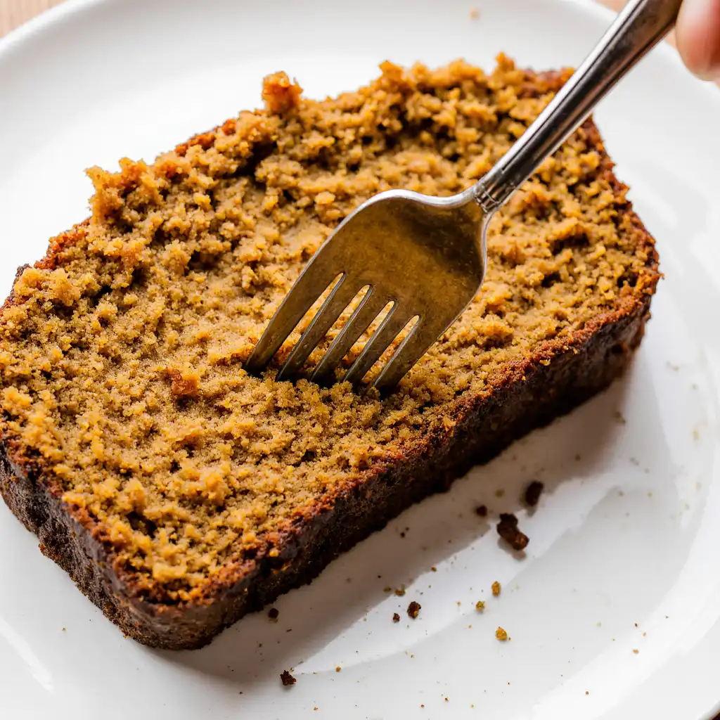 Fork cutting into a moist slice of Libby's Pumpkin Bread with spices on a white plate.