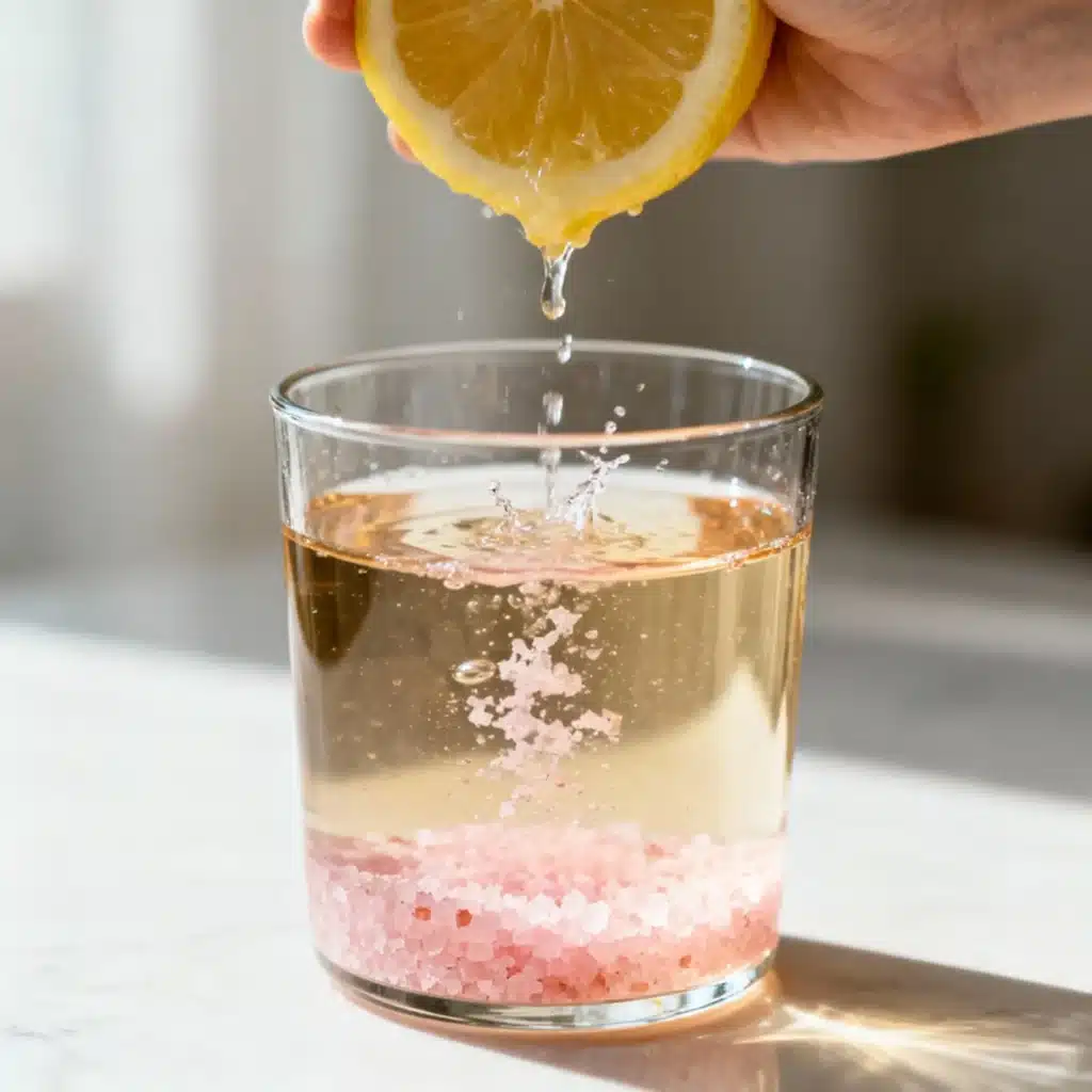  making a homemade hydration drink with pink salt and lemon