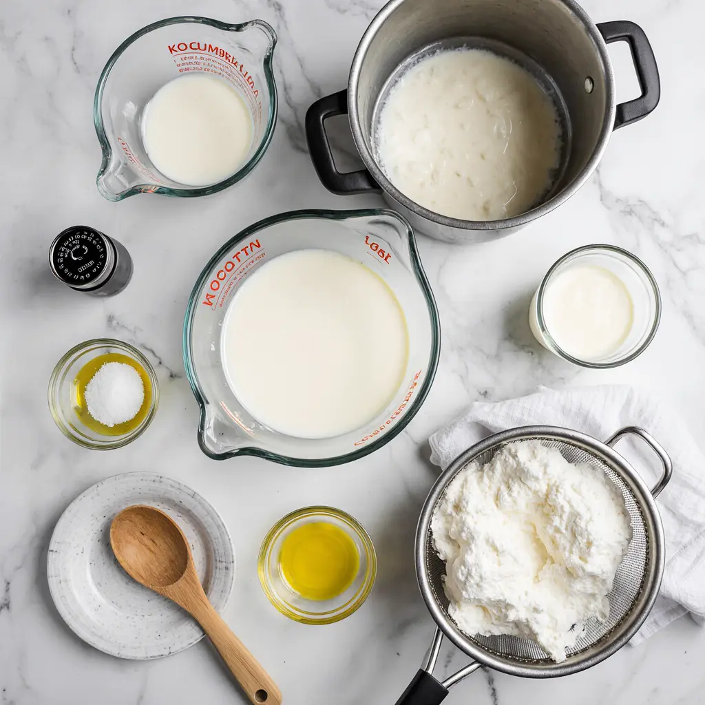 Flat lay of essential ingredients and tools for making homemade ricotta cheese, including whole milk, heavy cream, fresh lemon juice, kosher salt, cheesecloth-lined strainer, wooden spoon, thermometer, and mixing bowl.