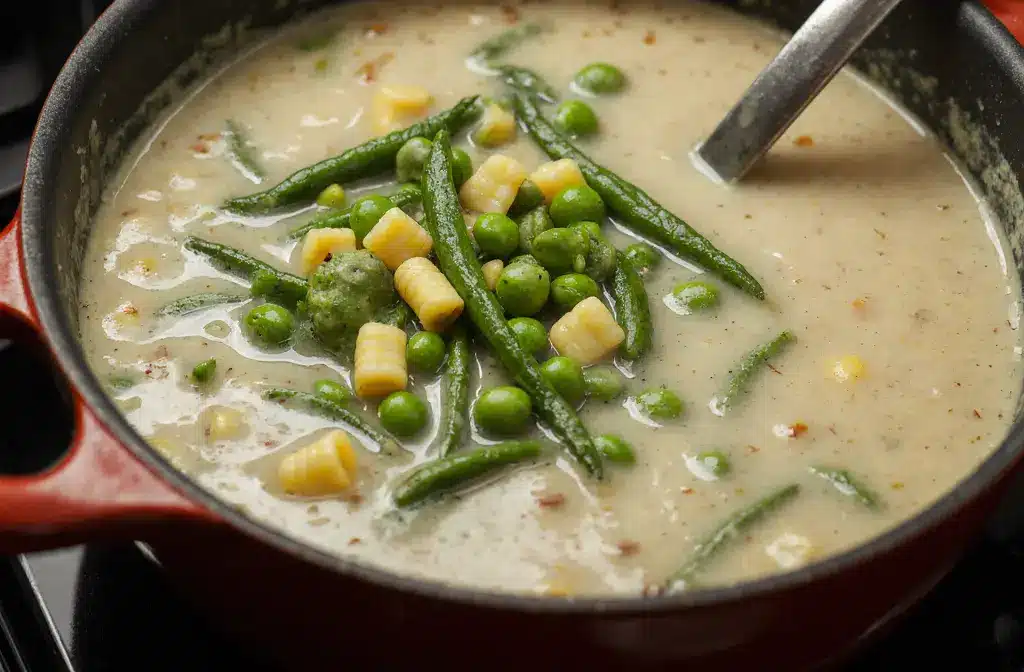 Final-Vegetables-to-Soup Stirring green beans, peas, and corn into creamy vegetable soup.