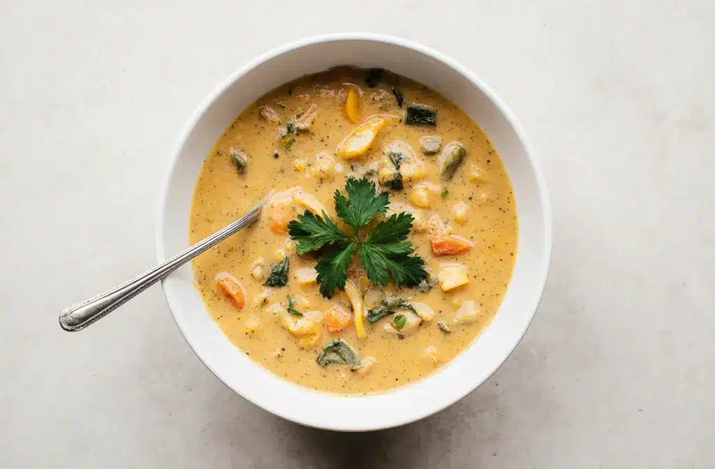 Finished One-Pot Creamy Vegetable Soupa Bowl of creamy vegetable soup garnished with fresh parsley on neutral surface.