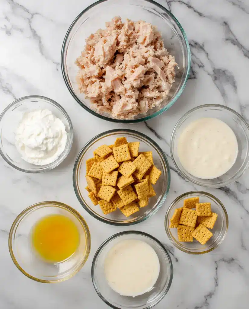 Fresh Ingredients for Ritz Cracker Chicken Casserole Ingredients for Ritz Cracker Chicken Casserole laid out.