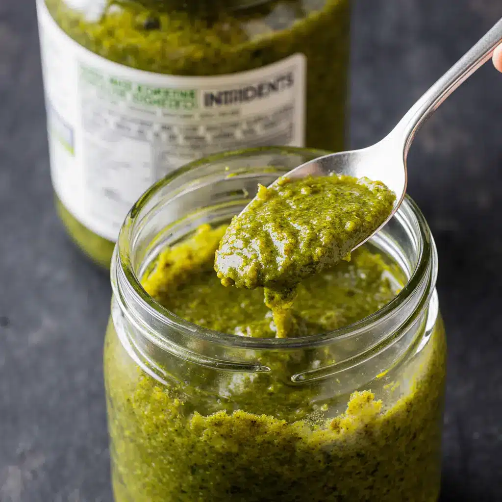 Close-up of a spoon in a jar of oily, high-calorie store-bought pesto.