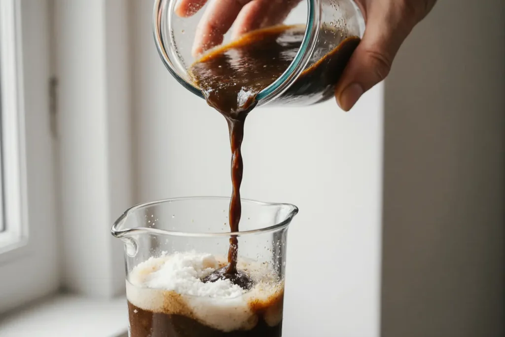 Pouring coffee into protein shaker, homemade style