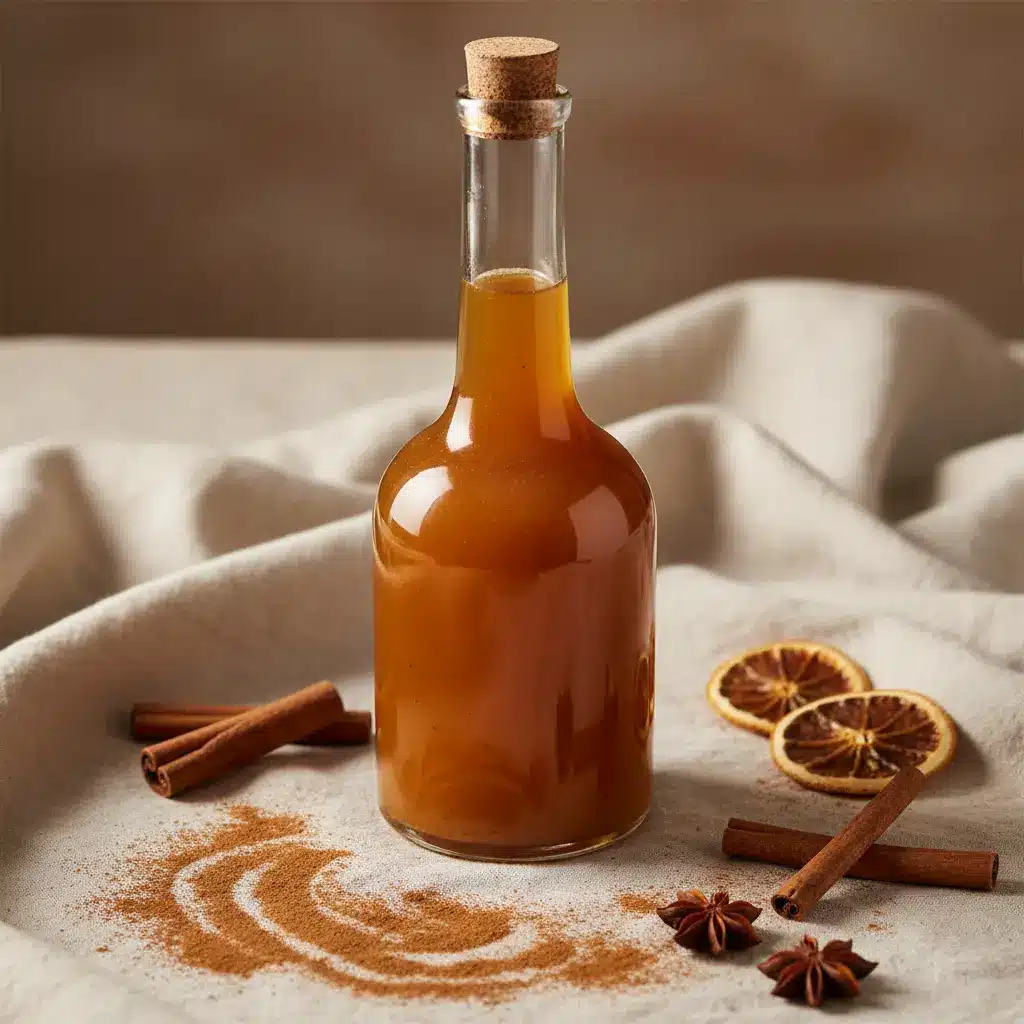 Homemade pumpkin spice syrup in glass bottle with cork stopper