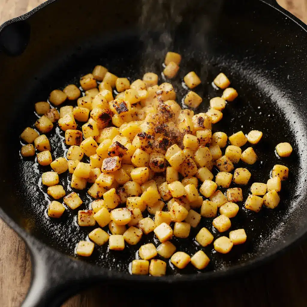 How to Make Chipotle Corn - Cooking Process in Skillet Corn kernels being cooked in cast iron skillet for chipotle corn recipe