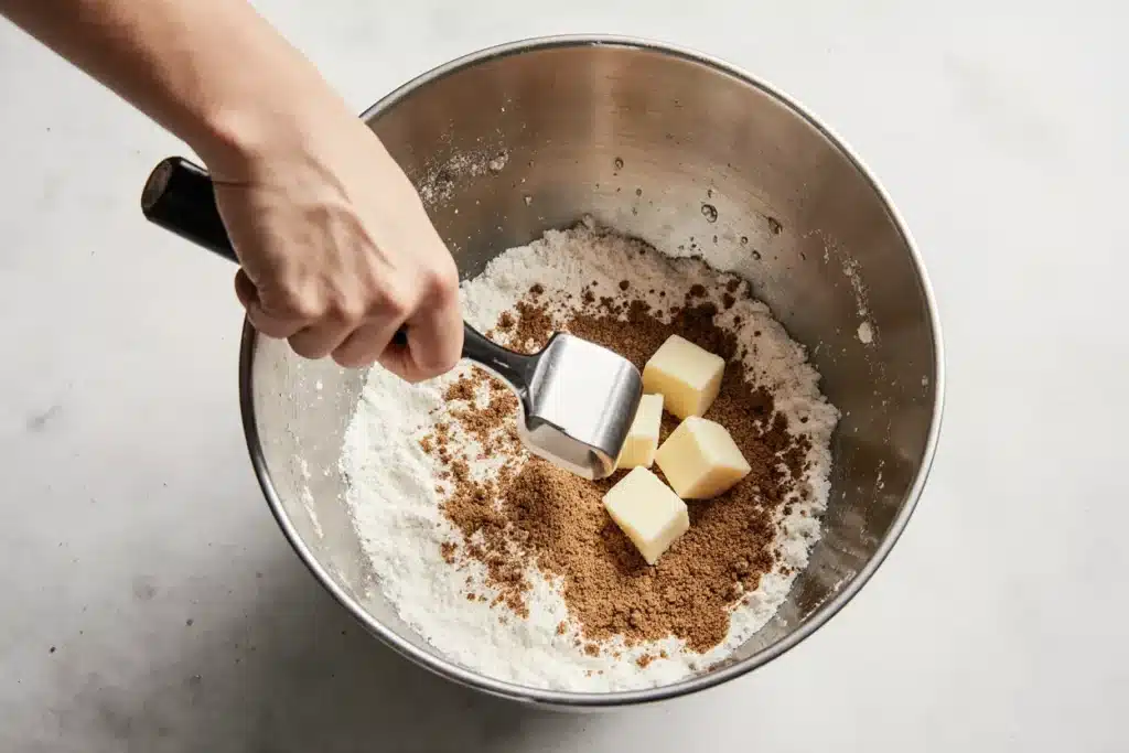 preparing crunchy streusel topping for coffee cake