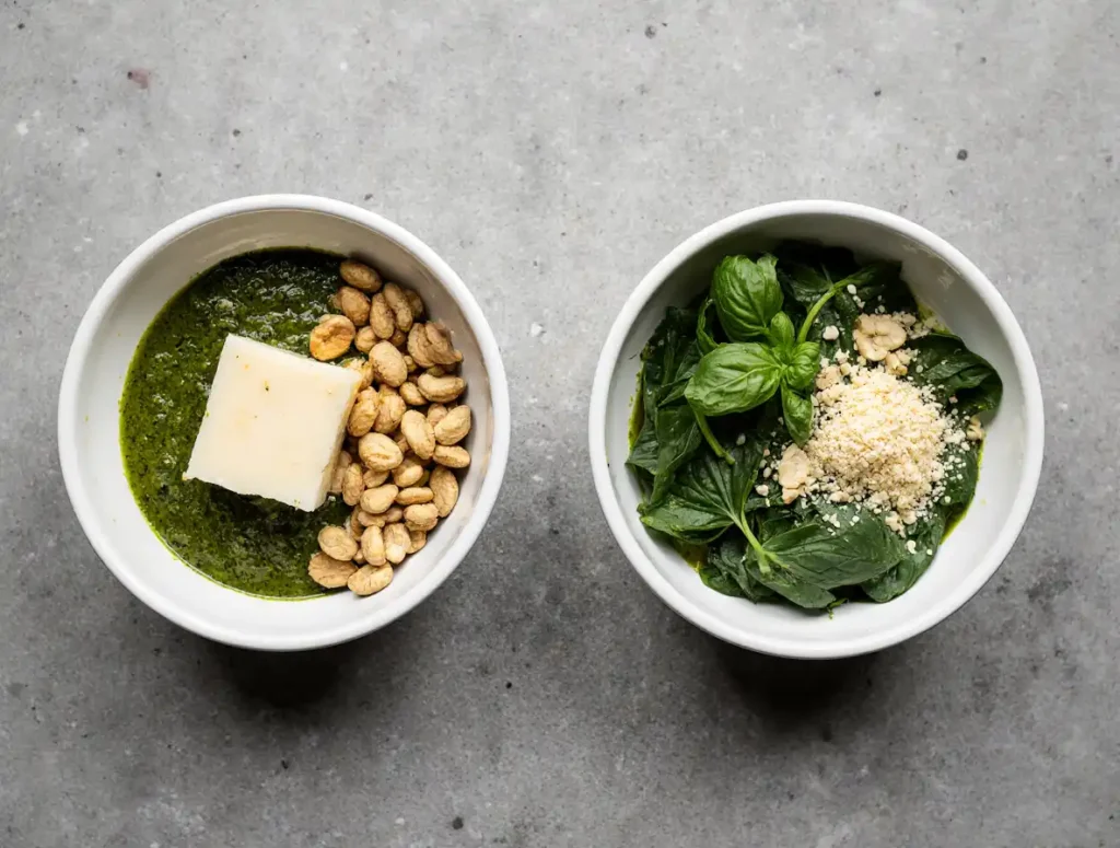 Close-up comparison of traditional high-calorie pesto ingredients vs modern low-calorie swaps in white bowls.