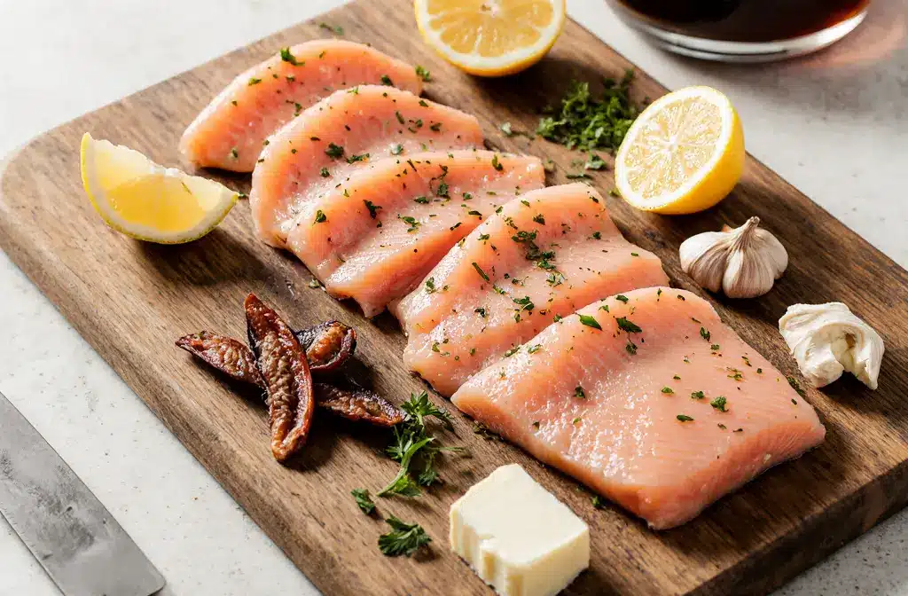 Fresh salmon fillets, anchovy fillets, garlic cloves, butter, lemon, and parsley ready for cooking