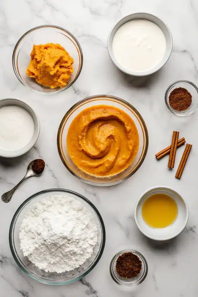 Ingredients for soft pumpkin bars, including pumpkin puree, sour cream, and spices, arranged on a marble surface.