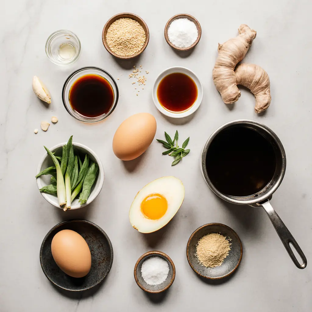 Ingredients for Soy Sauce Eggs Recipe Flat lay of soy sauce eggs ingredients on a white surface