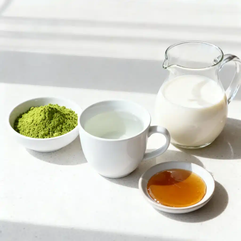 Ingredients for the Perfect Cup of Matcha Tea Modern flat lay photo of the ingredients for the perfect matcha tea recipe: vibrant green matcha powder in a small white bowl, white ceramic cup with hot water, glass jug of oat milk, and small dish of maple syrup on a light-colored countertop.