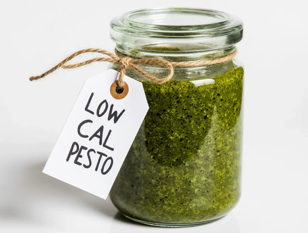 Close-up of a sealed glass jar of finished low-calorie pesto with a handwritten tag.