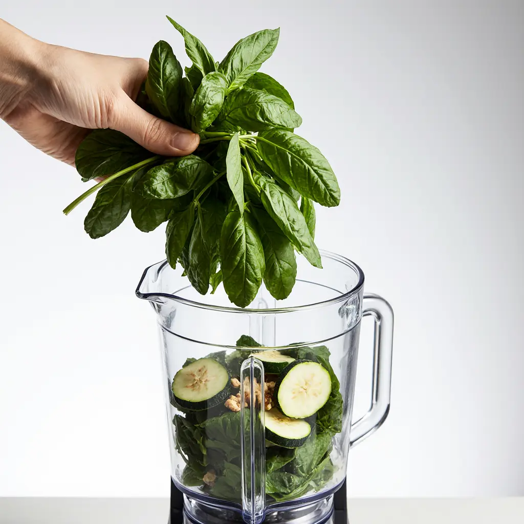 Close-up of fresh basil being added to a blender with spinach and zucchini to make healthy pesto.