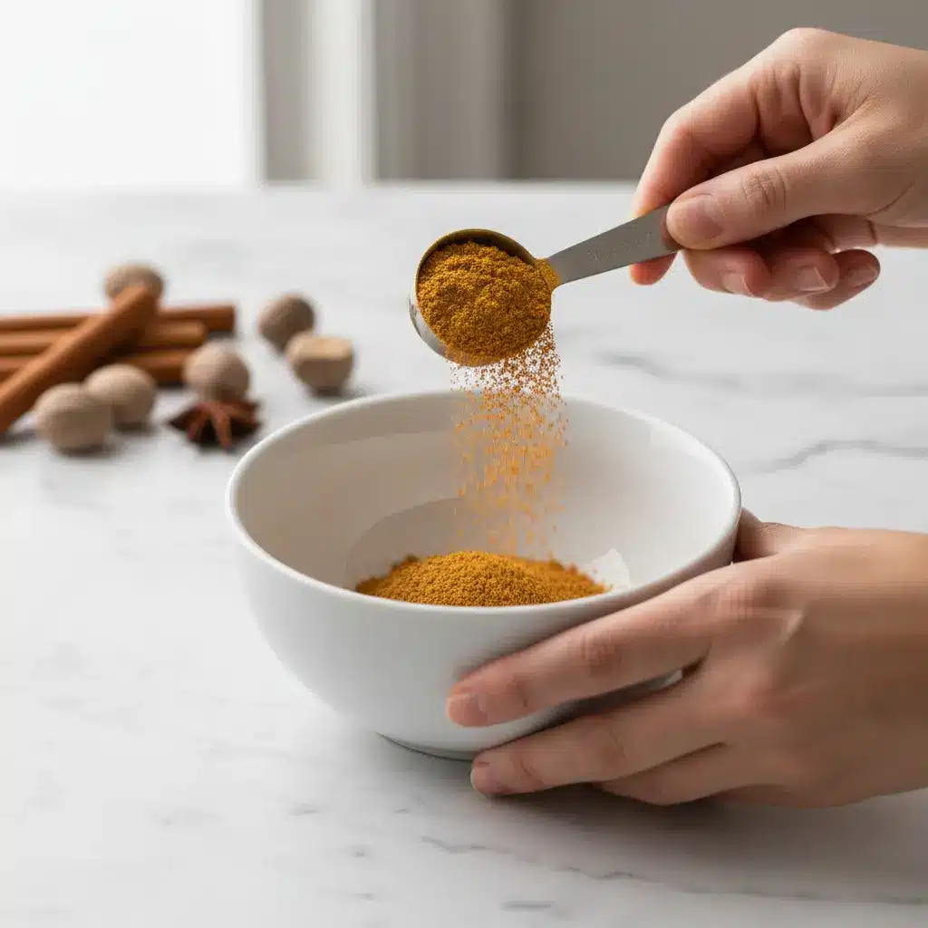 Measuring pumpkin spice mix with teaspoon into white bowl