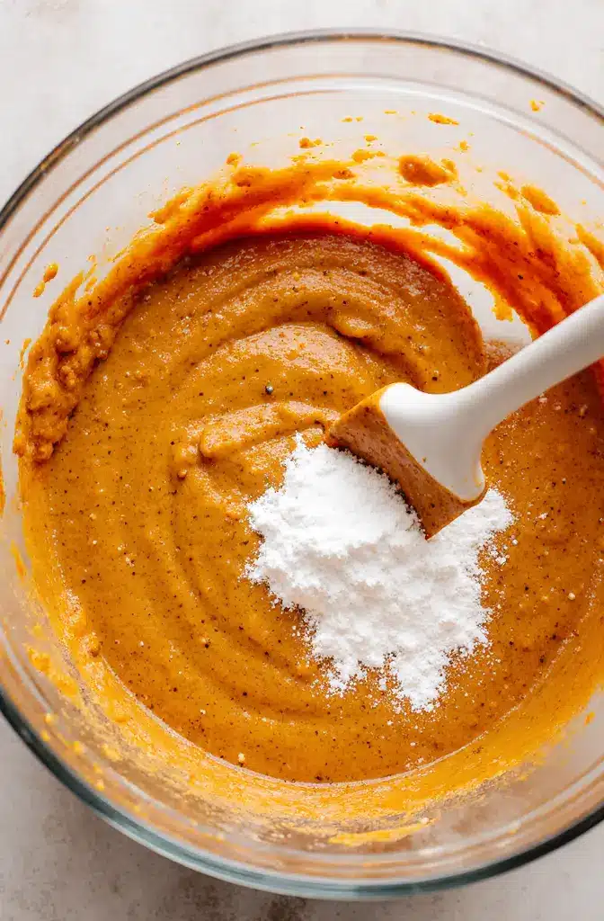 Folding dry ingredients into the wet batter for soft pumpkin bars in a glass bowl.