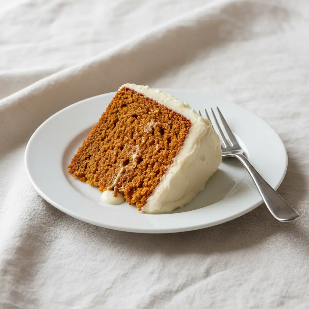 Slice of pumpkin spice cake with cream cheese frosting and glaze