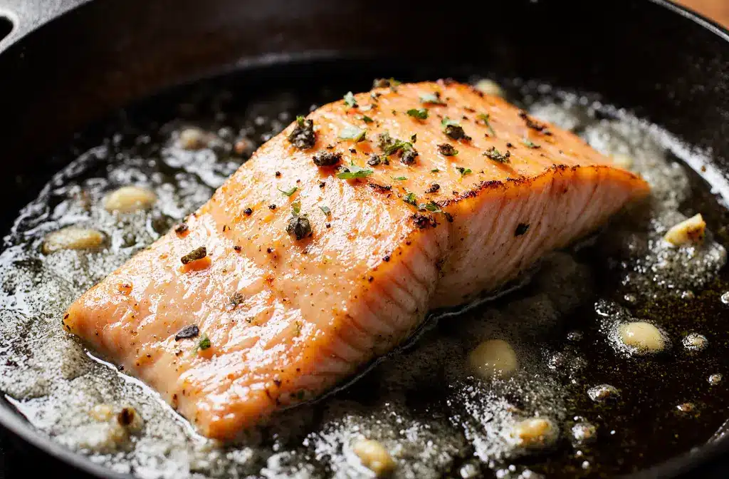 Salmon fillet being pan-seared in a skillet with melting anchovy-garlic compound butter