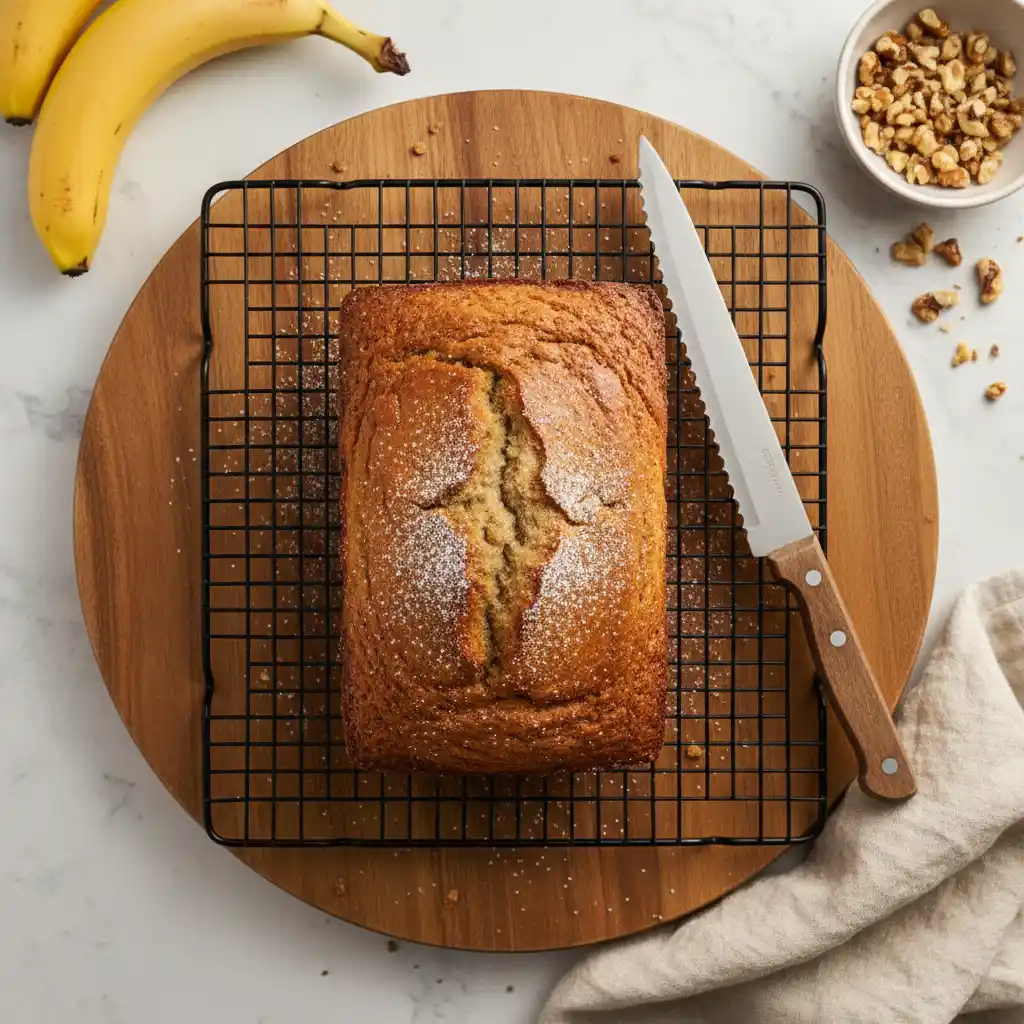 Freshly baked blender banana bread loaf with golden crust cooling on wire rack
