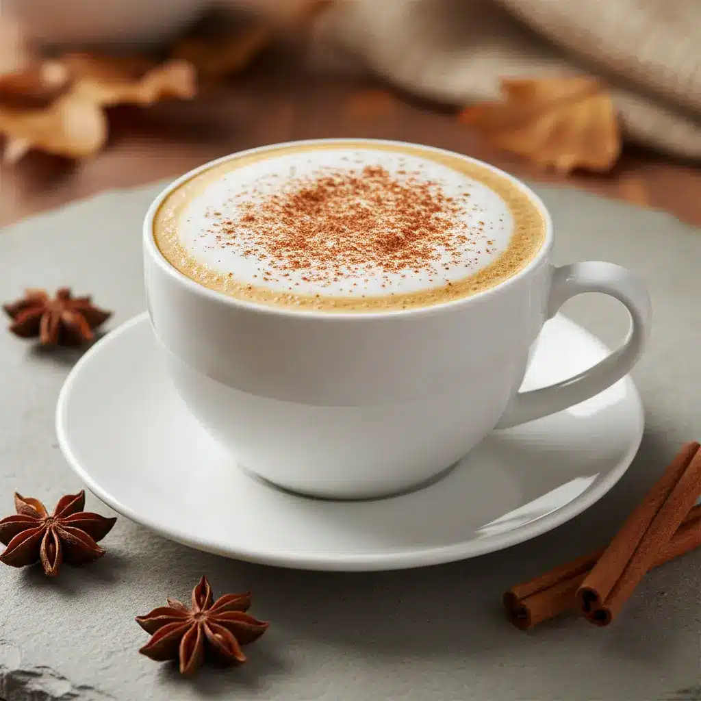 Pumpkin spice recipe latte in white ceramic mug with cinnamon-dusted foam