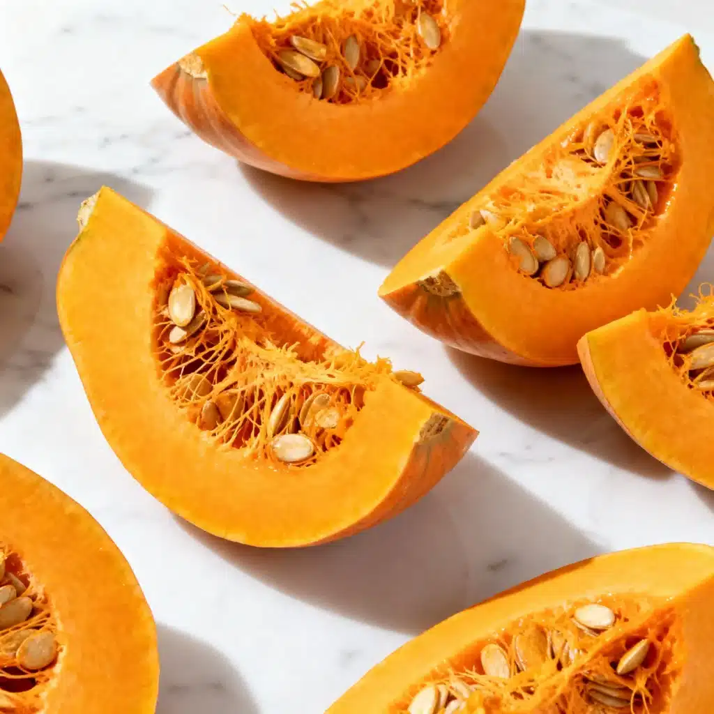 Freshly cut Calabaza de Castilla pumpkin wedges arranged neatly on a cool, white marble surface, ready for making candied pumpkin.