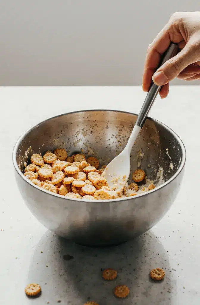 Preparing the Buttery Ritz Cracker Topping Mixing Ritz cracker topping with butter for casserole.