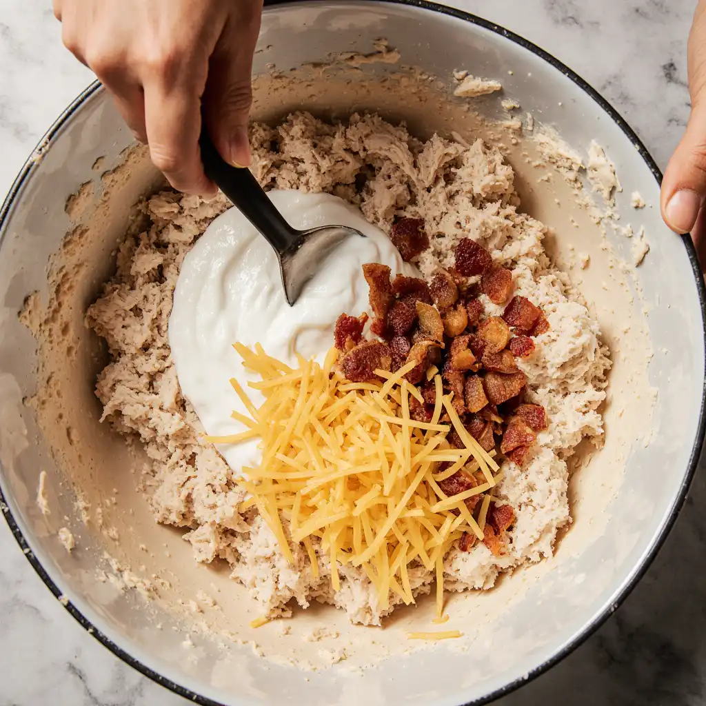 Mixing creamy filling for Neiman Marcus Chicken Casserole