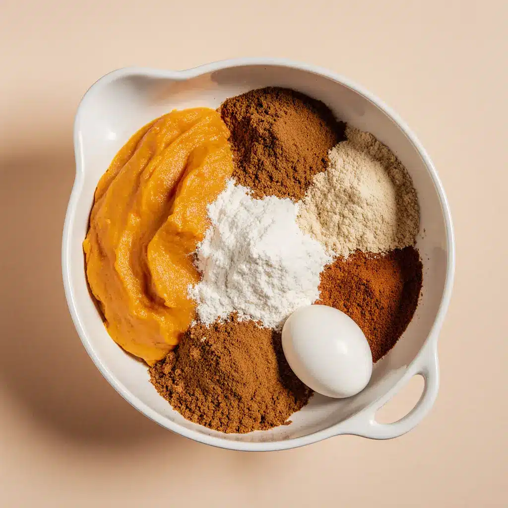 Key ingredients for pumpkin bread including pumpkin puree, flour, sugars, eggs, and spices