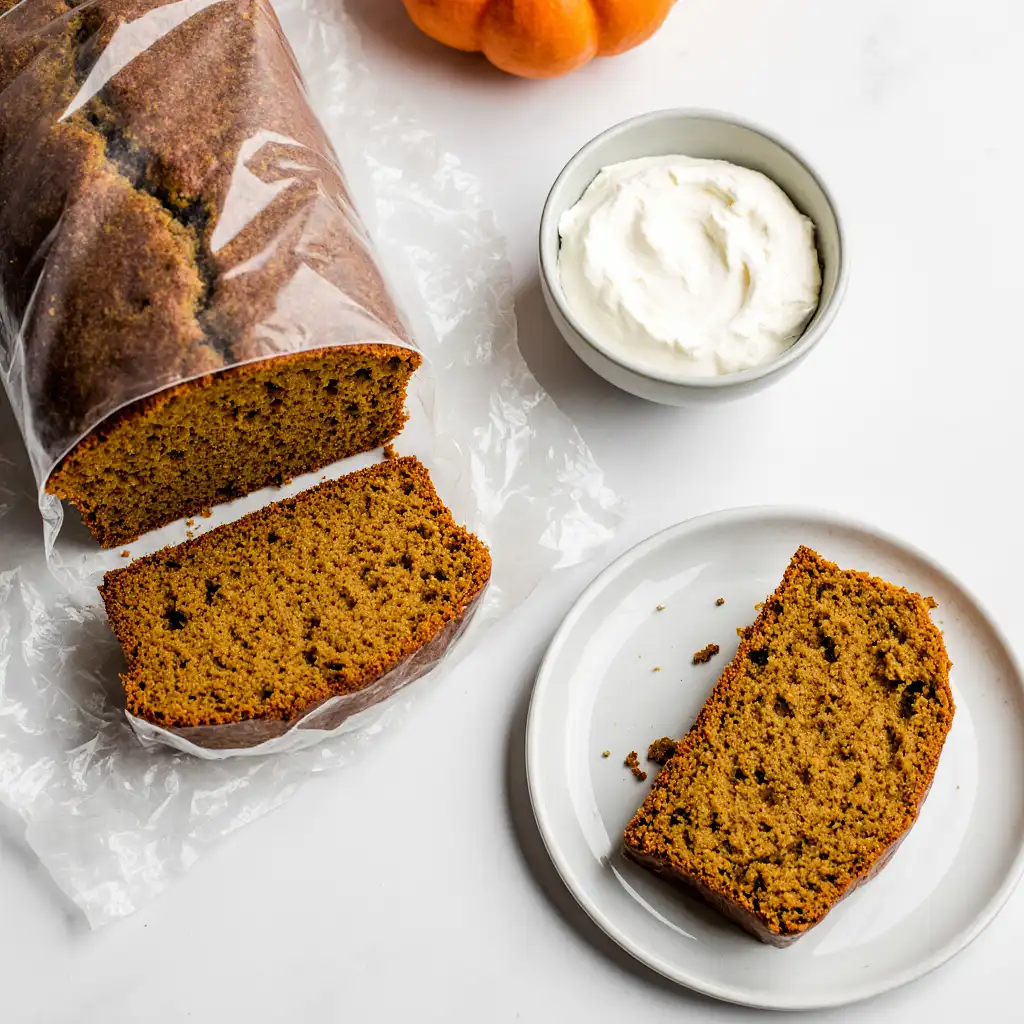 Wrapped pumpkin bread loaf and plated slices with cream cheese on a plain white surface.