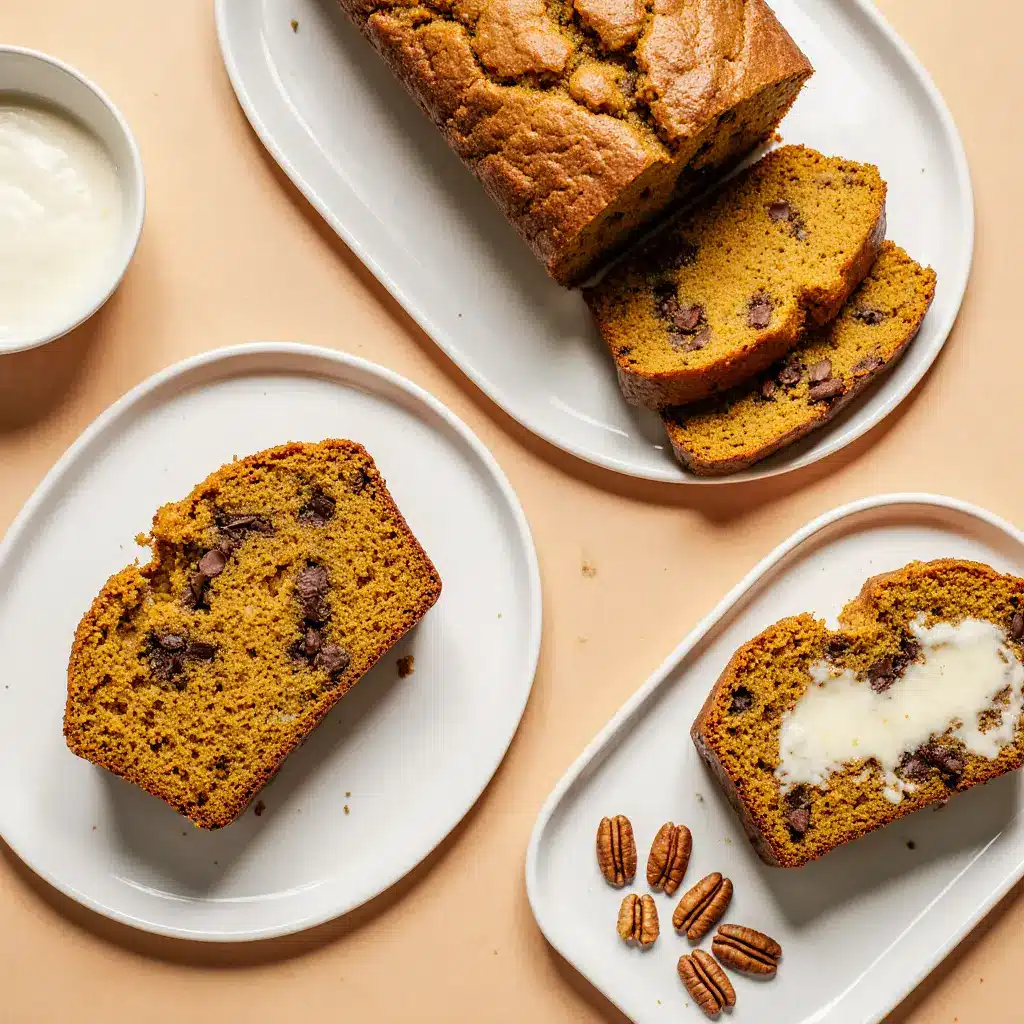 Three sliced pumpkin bread variations: chocolate chip, maple pecan, and cream cheese swirl on white plates.