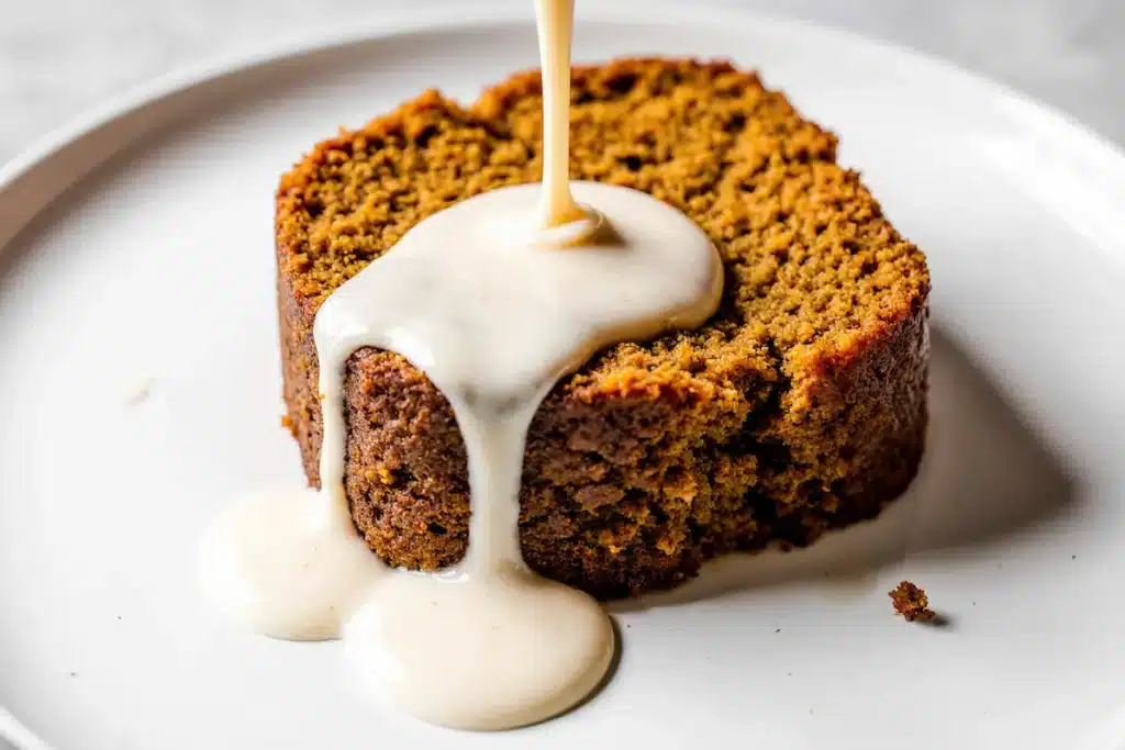 slice of pumpkin coffee cake with vanilla glaze