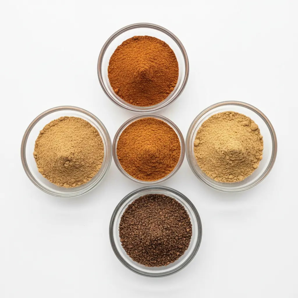 Five glass bowls showing individual spices that make up pumpkin spice blend