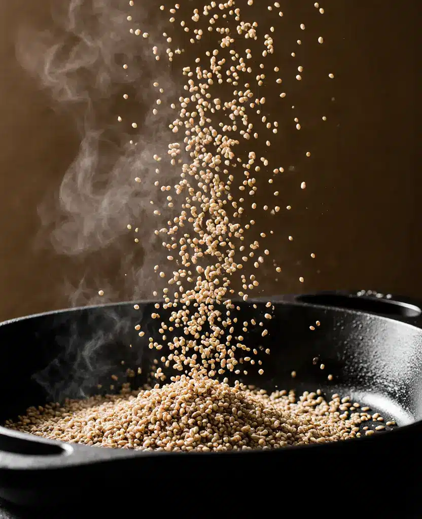 Quinoa grains popping and puffing in hot cast iron skillet during cooking process