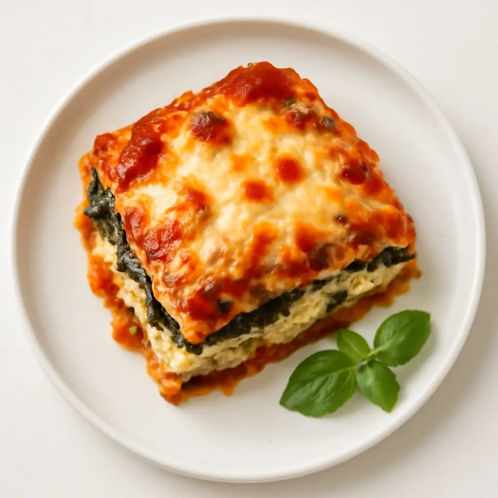 Top-down view of a rustic Italian lasagna with creamy ricotta cheese layers, tomato sauce, spinach, and melted mozzarella cheese, baked golden with bubbling cheese, served on a white ceramic plate with a glass of red wine and fresh herbs on the side.