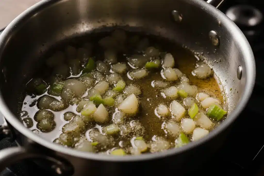 Sauteing-Aromatics-for-Soup Olive oil sautéing diced onions, celery, and minced garlic in a large pot.